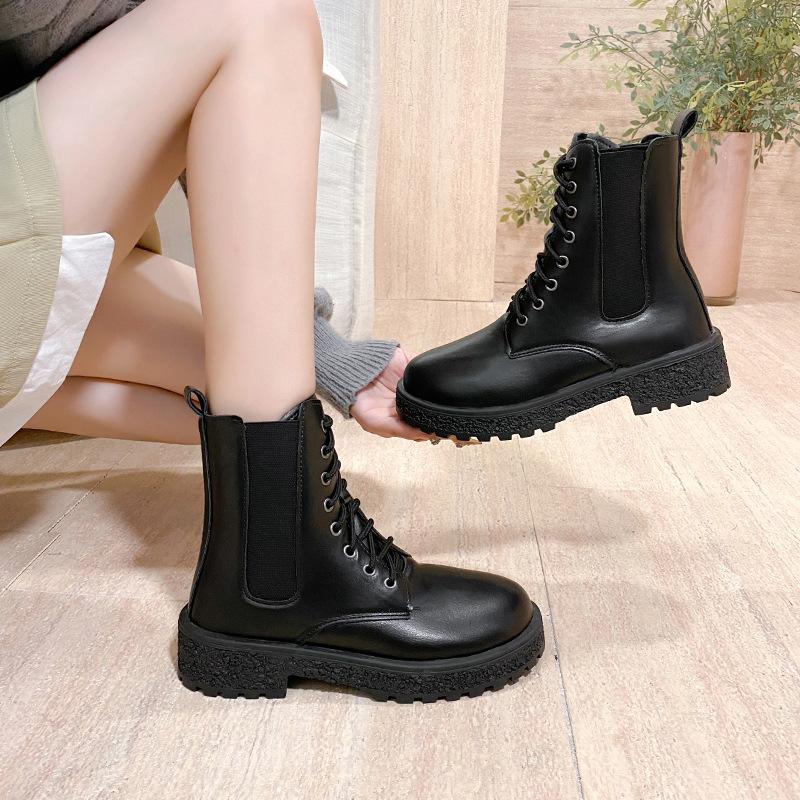 Женские сапоги средний каблук круглый носок вырез вестерны 2025 осень новинка корейская версия лакированная кожа женская обувь удобные ботинки мартин