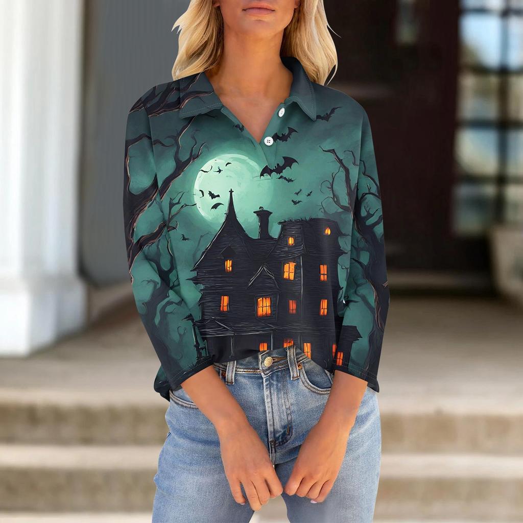 Women's Seven Quarter Sleeved T-shirt V-neck Button Up Shirt With Printed Loose Top For Halloween