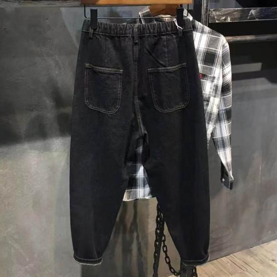 Мужские джинсы-шаровары с эластичной резинкой на талии, регулируемые брюки на молнии и пуговицах, джинсовые брюки с завязками и карманами, сплошной цвет, широкие бедра