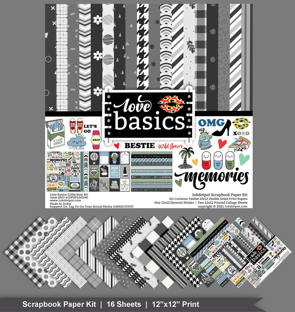 Inkdotpot Love Basics Collection Double,Sided Scrapbook Paper Kit Cardstock 12"x12" Card Making Paper Pack Of With Sticker Sheet - 16 Pages - White &