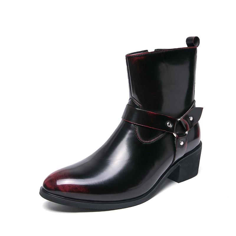 Mens Chelsea Boots With Metal Buckle Side Zipper Pointed Toe Mid-Calf Fashion Casual Leather