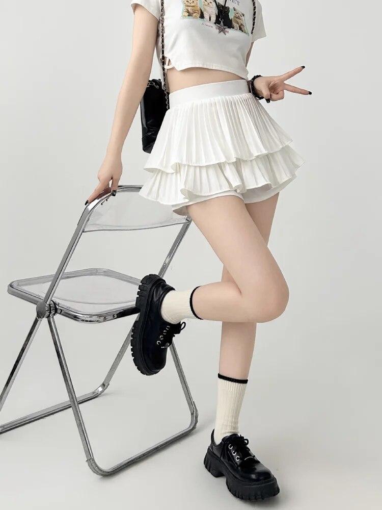 Kawaii Mini Skirt Women High Waist Ruffled Pleated Tulle Cake Slim Skirt Shorts Female Korean White Lolita Skirt Large Size