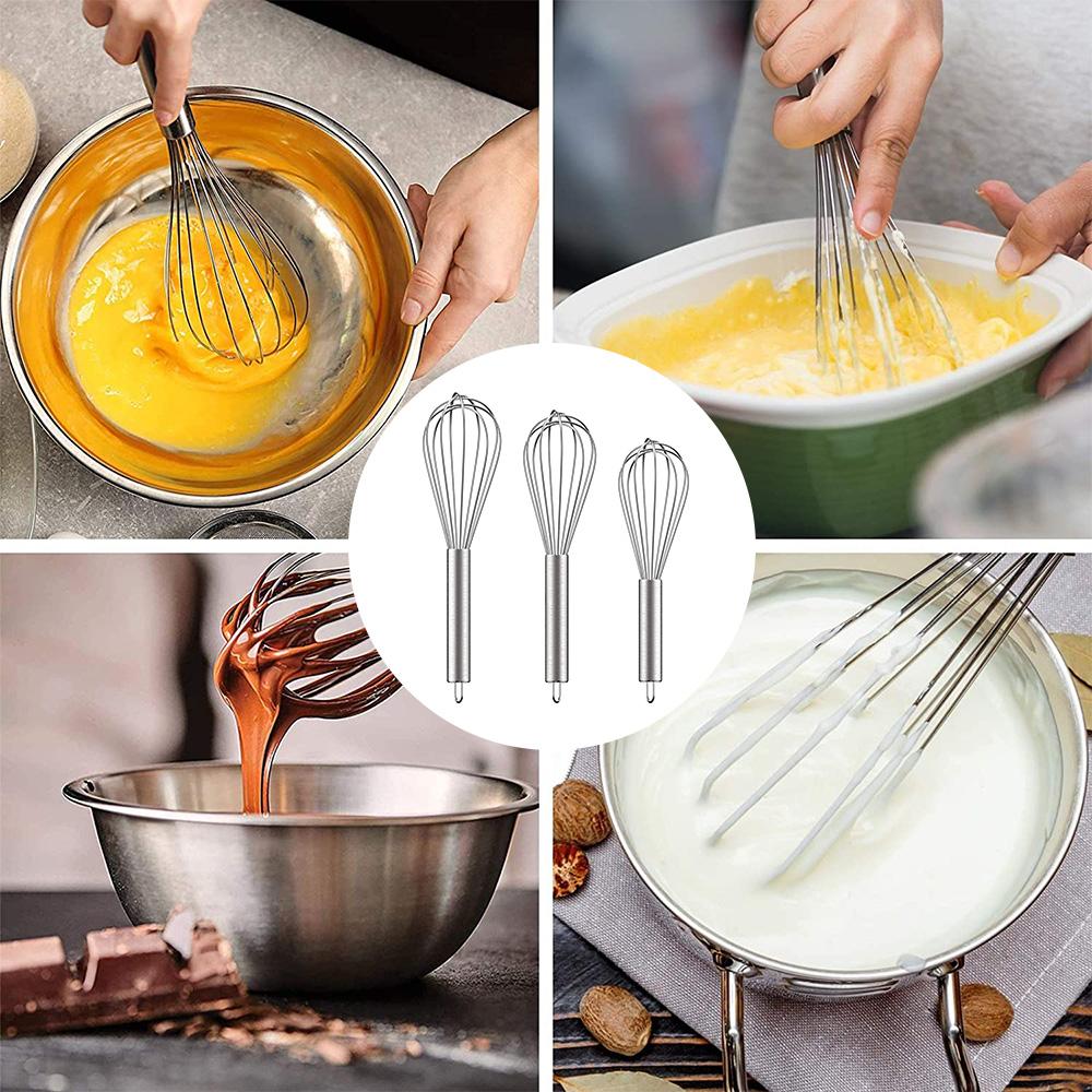 3pcs Stainless Steel Whisk Set 6 Wire Whisks 8/10/12 Inch Kitchen Balloon Whisks with Stainless Grip Manual Egg Beater Blender