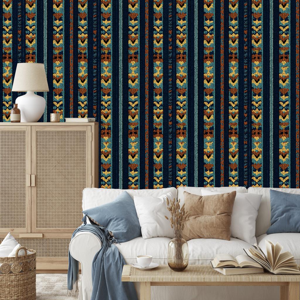Wallpaper Colorful knit navy blue, turquoise and rust 50x1000