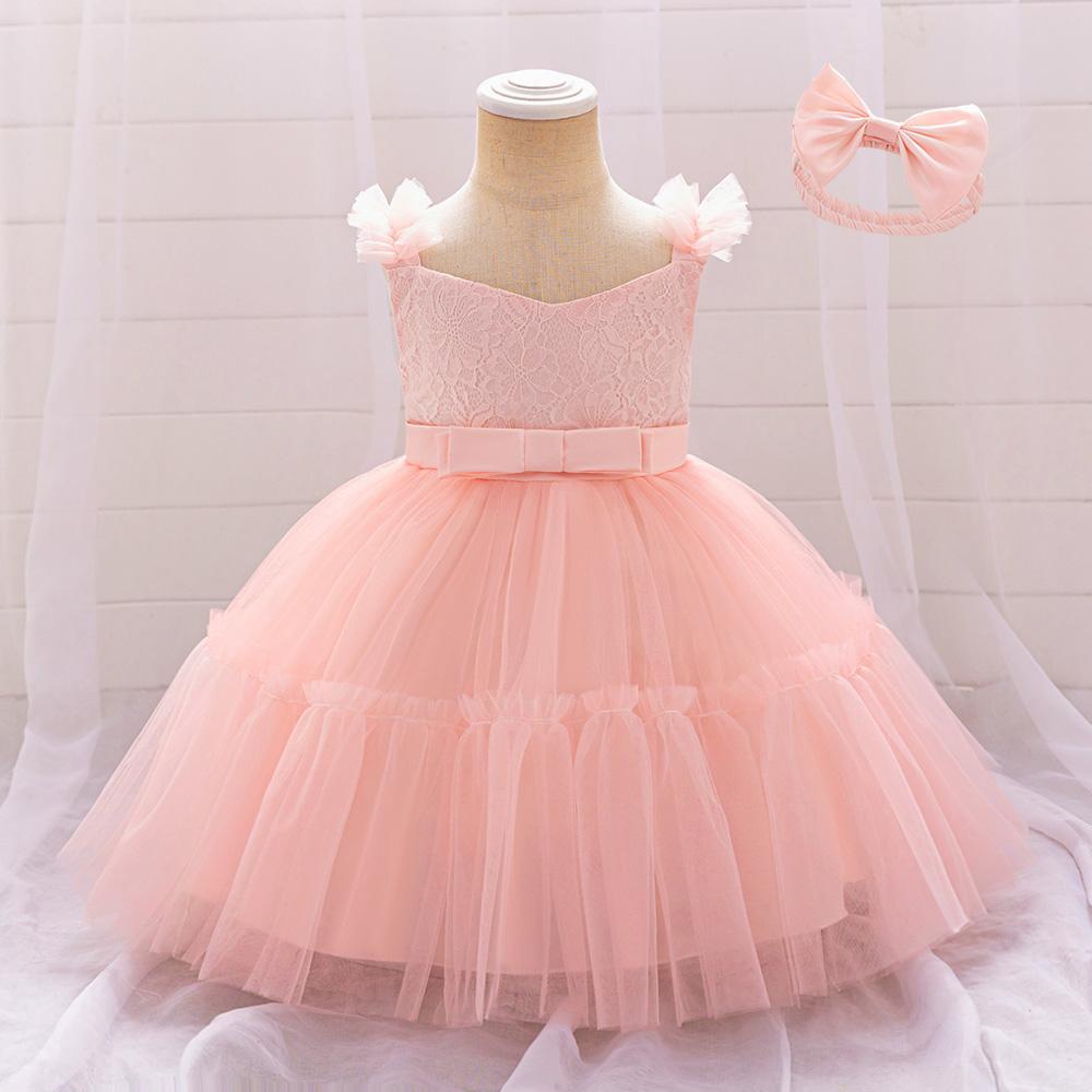 Toddler 1st Birthday Baby Girl Flower Princess Dress Elegant Lace Bow Party Prom Dresses For Kids Pink Wedding Bridemaid Costume