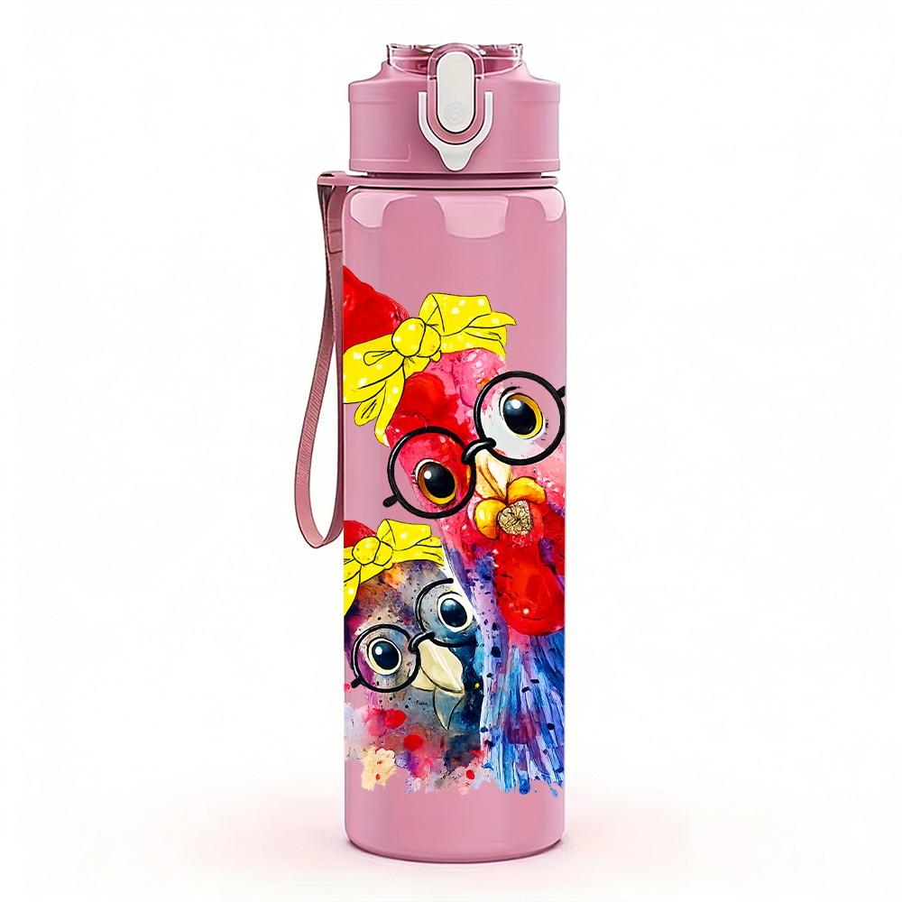 1PC Colorful Carnival Bird Feather Print 750ml Color Plastic Sports Water Bottle Leakproof Flip Straw Lid Suitable for Sports Office Home Use