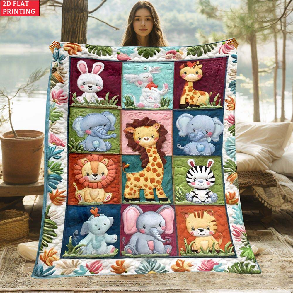 1pc Cute Safari Animals Quilted Blanket for Kids Soft Warm Plush Throw Blanket for Bedroom Couch Bed