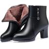 Women Cotton Shoes Autumn/winter Season Soft Leather Mid-high Heel Fleece-lined Ankle Boots Ladies Cotton Boots Black Round Head
