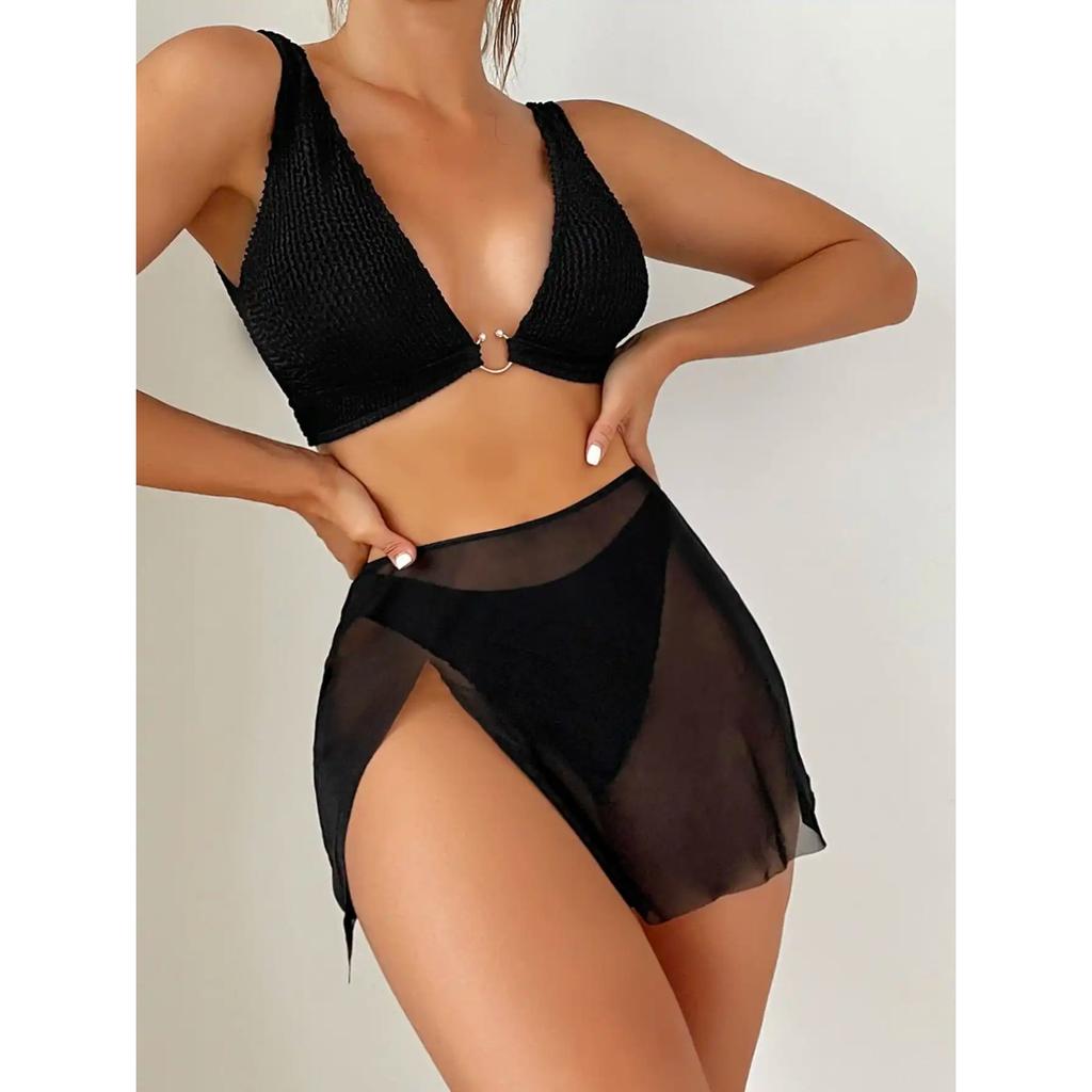 3 Pieces U-ring High Cut Bikini Swimsuit & Split Thigh Beach Skirt Swimwear Women 2024 Bathers Bathing Swimming Suit Female