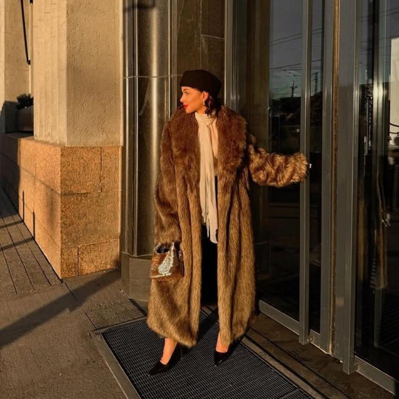 Long Coat New Imitation Fur Fur Coat Brown Coffee Thickened Winter Warm Coat Extended