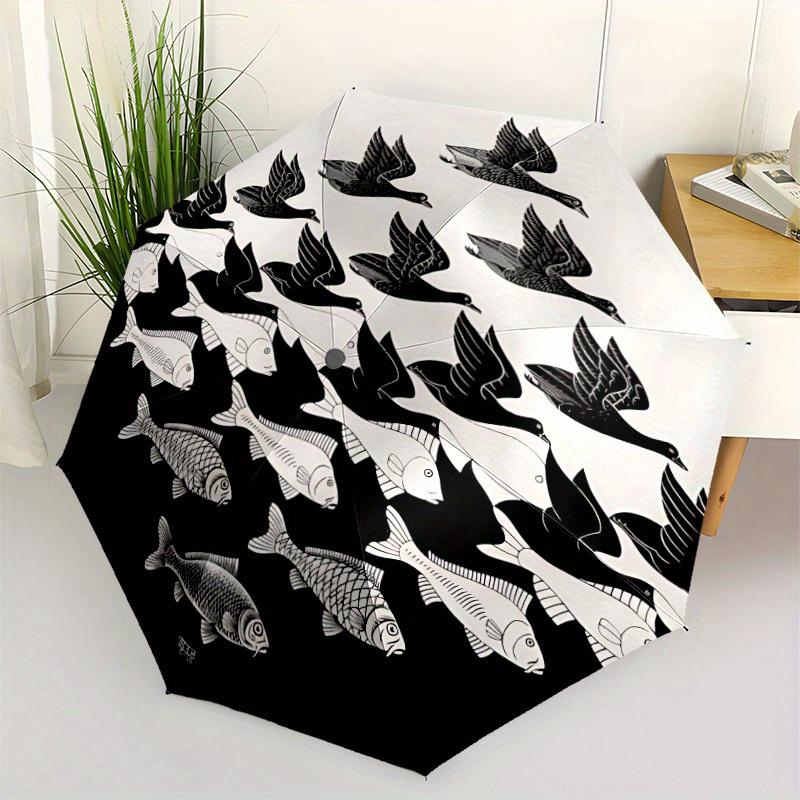 1pc Birds Fishes Automatic Open/close Folding Compact Umbrella, 8-Rib Sturdy Canopy, Lightweight Portable, Everyday Use, Gift, Outdoor Umbrella, Trave
