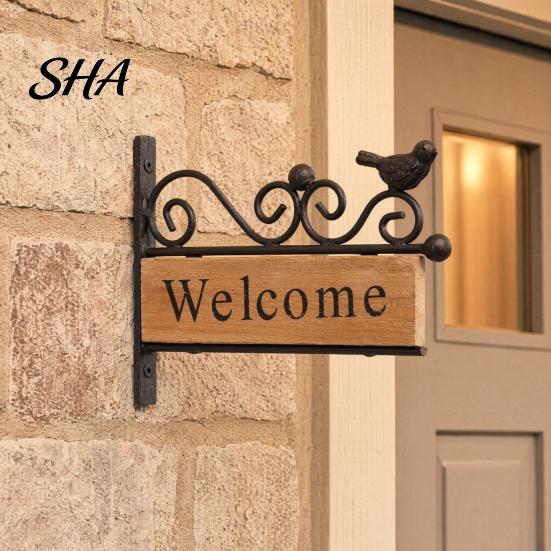 Rustic Wood Bird Sign Mini Welcome Sign, Retro Carved Wooden Panel with Iron Frame Wall Shaped Door Mounting for Outdoor Porch Courtyard Gates Fences,