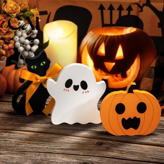 Decorative Wood Pieces for Gatherings 3Pcs/Set Halloween Tiered Tray Decorations, Cute Ghost Pumpkin Black Cat Festive Orange And Tabletop Displays