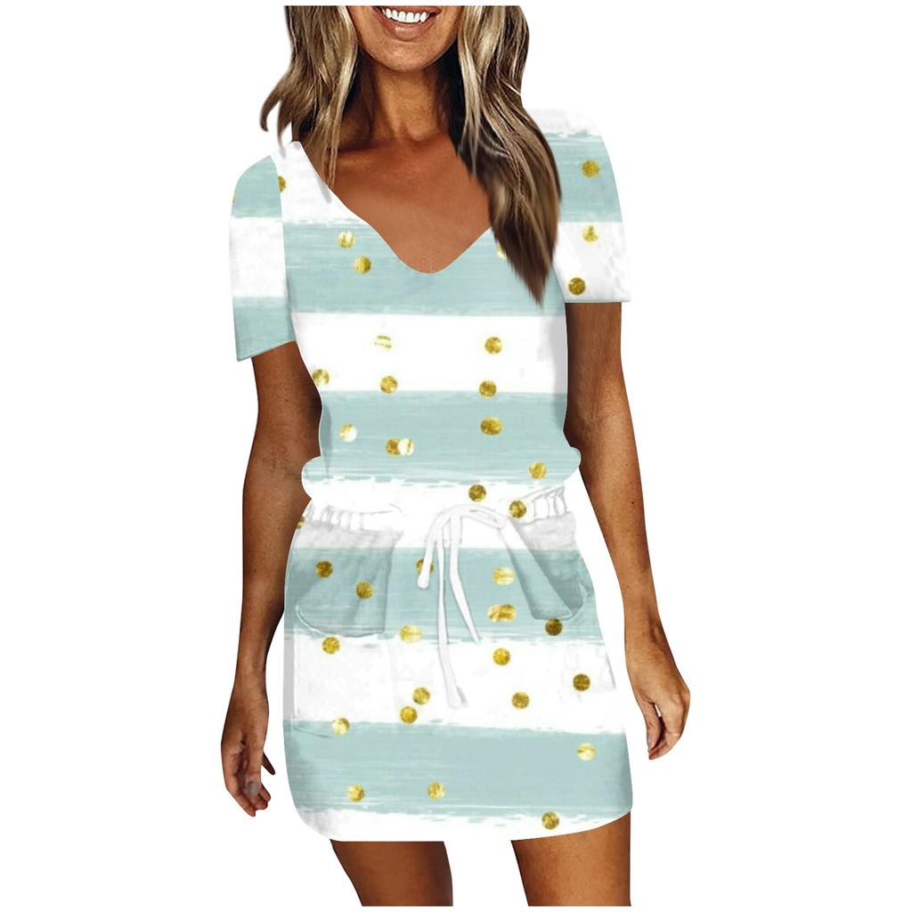 Women's Casual Printing Drawstring High Waist V-neck Short Sleeve  Dress