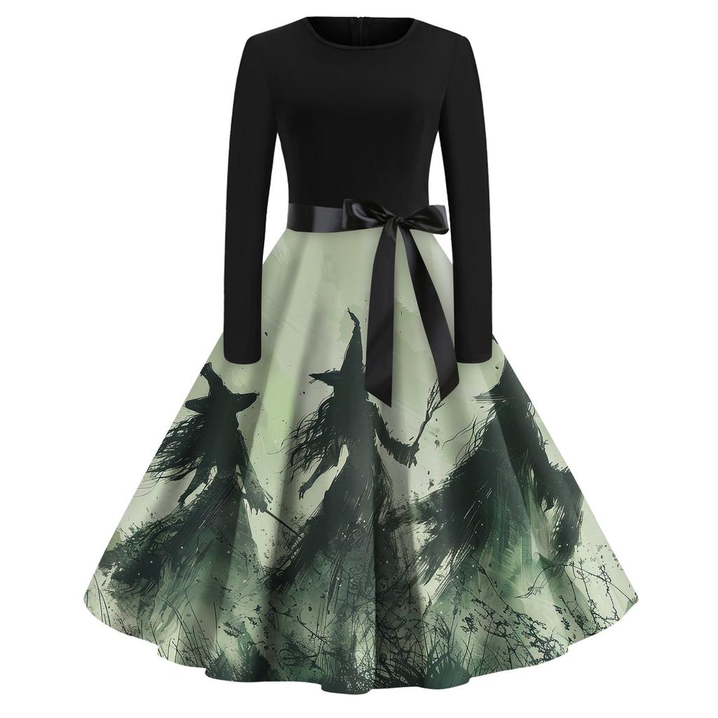 Платье-клеш с принтом на Хэллоуин для женщин с длинным рукавом, повседневные платья с круглым вырезом и ажурной отделкой