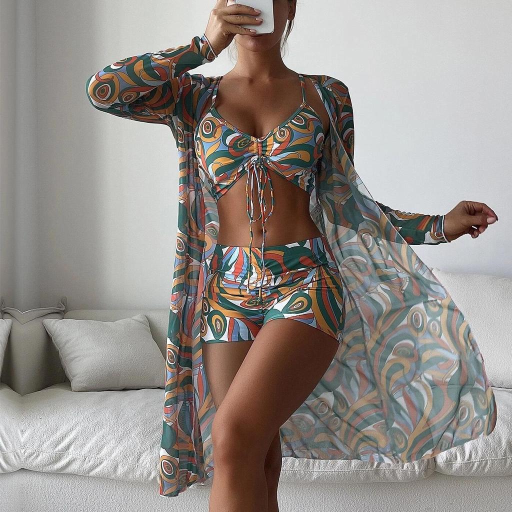 Swimsuit Women's Split Three Piece Set High Waist Long Sleeve Ins Overshirt Drawstring Printed Bikini Suits