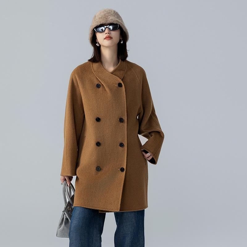 2025 Autumn/Winter Women's Stand Collar Double-Faced Medium Cocoon Alpaca Wool Coat