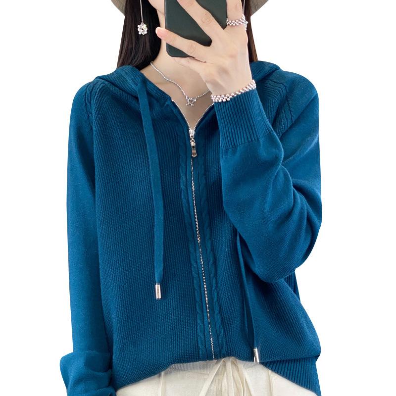 Женская кардиган с капюшоном на молнии, трикотажная куртка, однотонный свитер, повседневная толстовка с капюшоном, теплая трикотажная куртка в стиле Харадзюку на осень и зиму