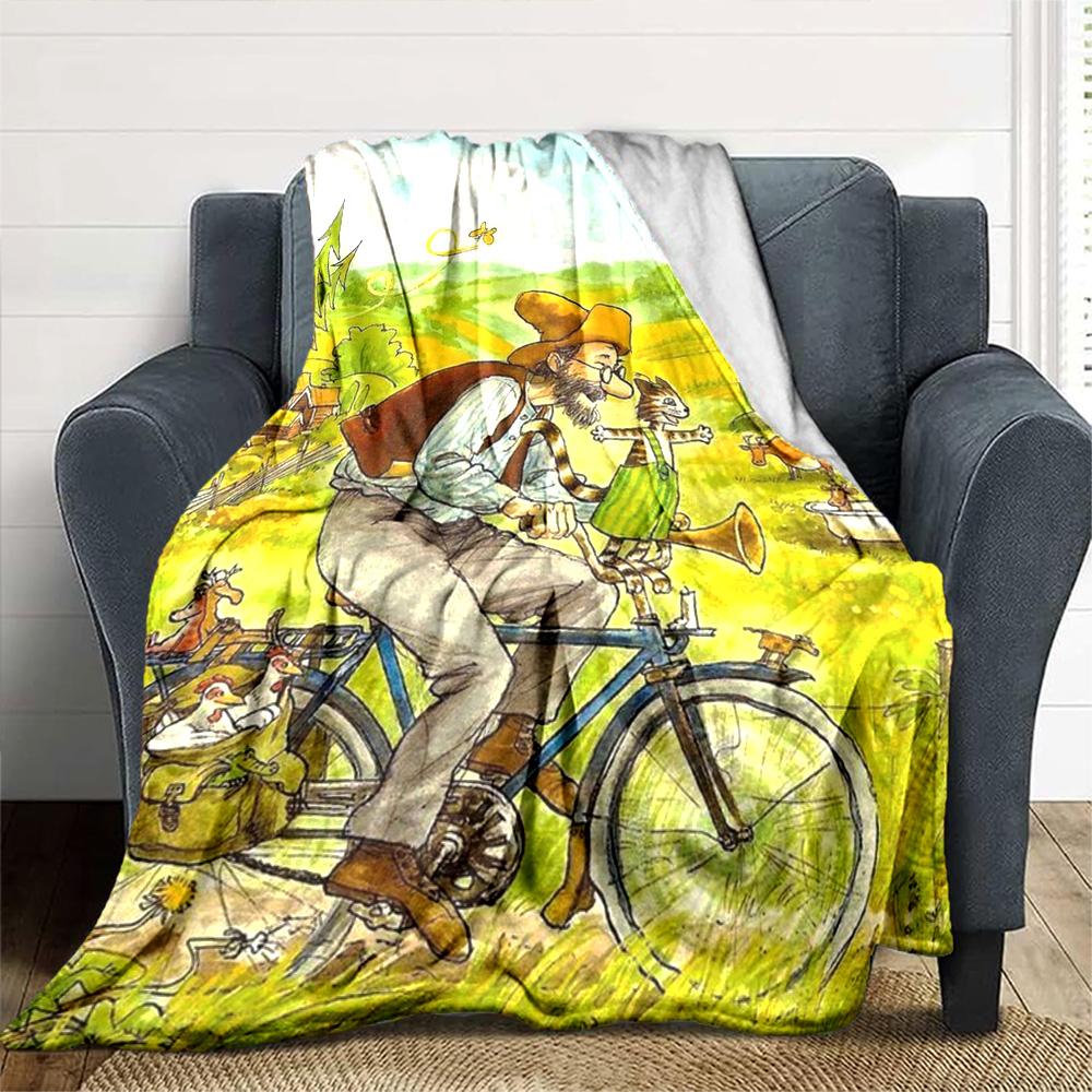 Vintage Cartoon Man Cat Bicycle Countryside Scenery Print Flannel Throw Blanket Soft Plush Blanket for Sofa Couch Bedroom Home Decor