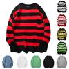 Women's Long Sleeve O-Neck Pullover Mid Length Ripped Striped Knit Sweater