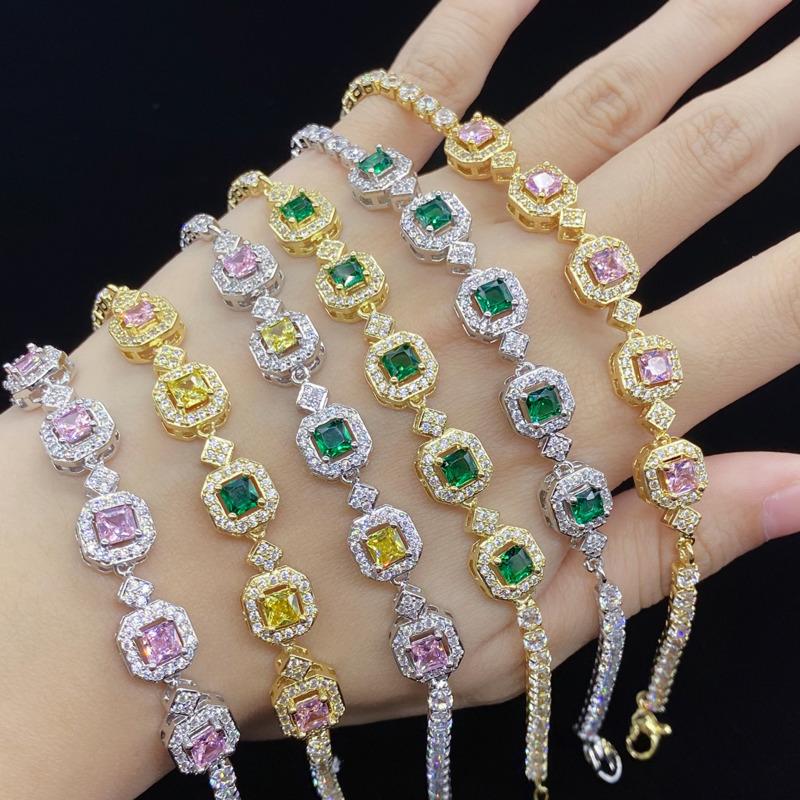 BELLA BOX New Hot Sale Simulation Color Tourmaline Princess Square Full Diamond Bracelet Feminine Fashion Hand Jewelry