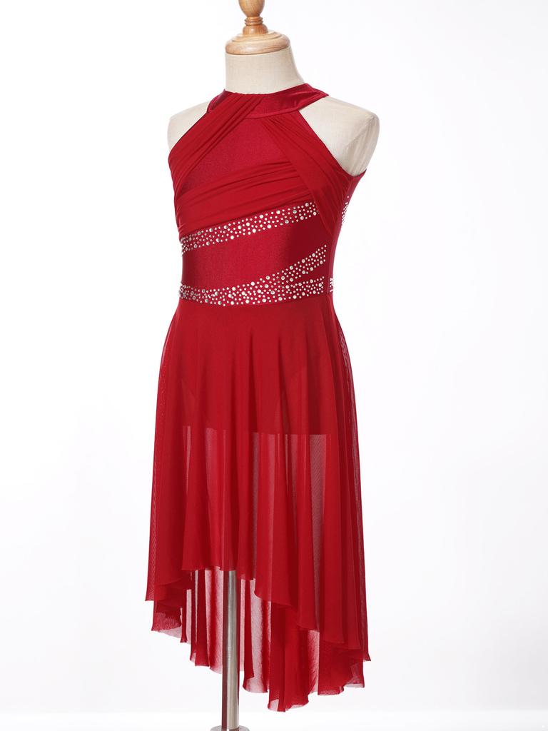 Детское лирическое платье для латинских танцев для девочек, купальник без рукавов со сверкающими стразами и рюшами, балетная танцевальная одежда