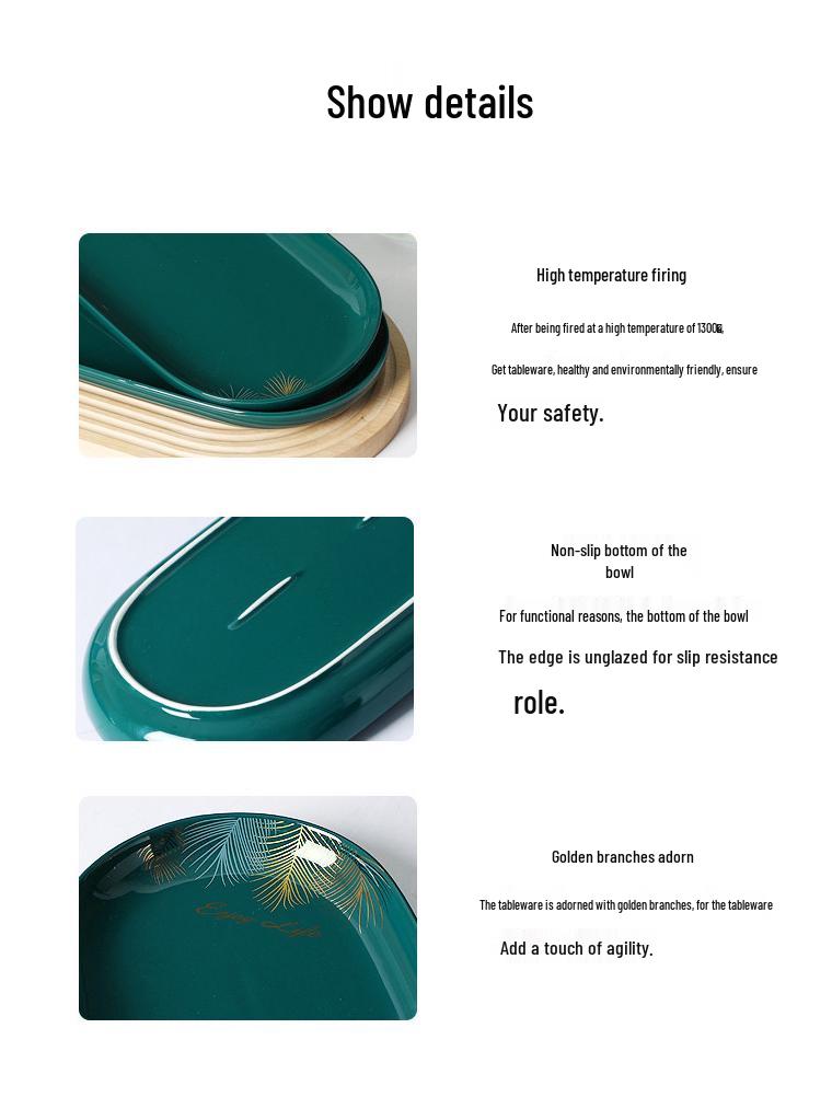 Набор из 2 керамических тарелок для рыбы овальной формы цвета павлиньего зеленого - Роскошный набор для суши и посуды