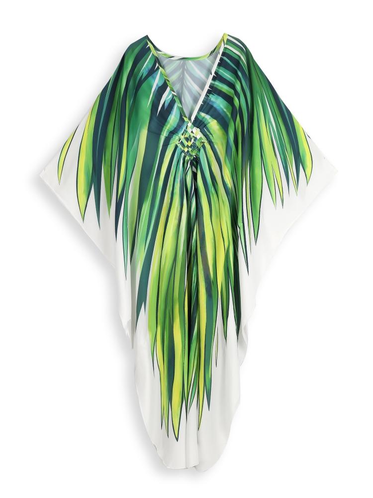 EDOLYNSA Oversize Women Kaftan Robe Outfit Bohemian Printed Vacation Chinese Knot V-neck House Bathing Suit Cover Up Q1588