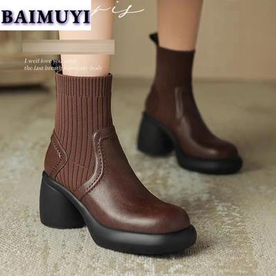 Мода Высокие каблуки Женские ботильоны на платформе Брендовая мода 2024 года Женские туфли на платформе с носком Зимние сапоги Офисные женские ботинки