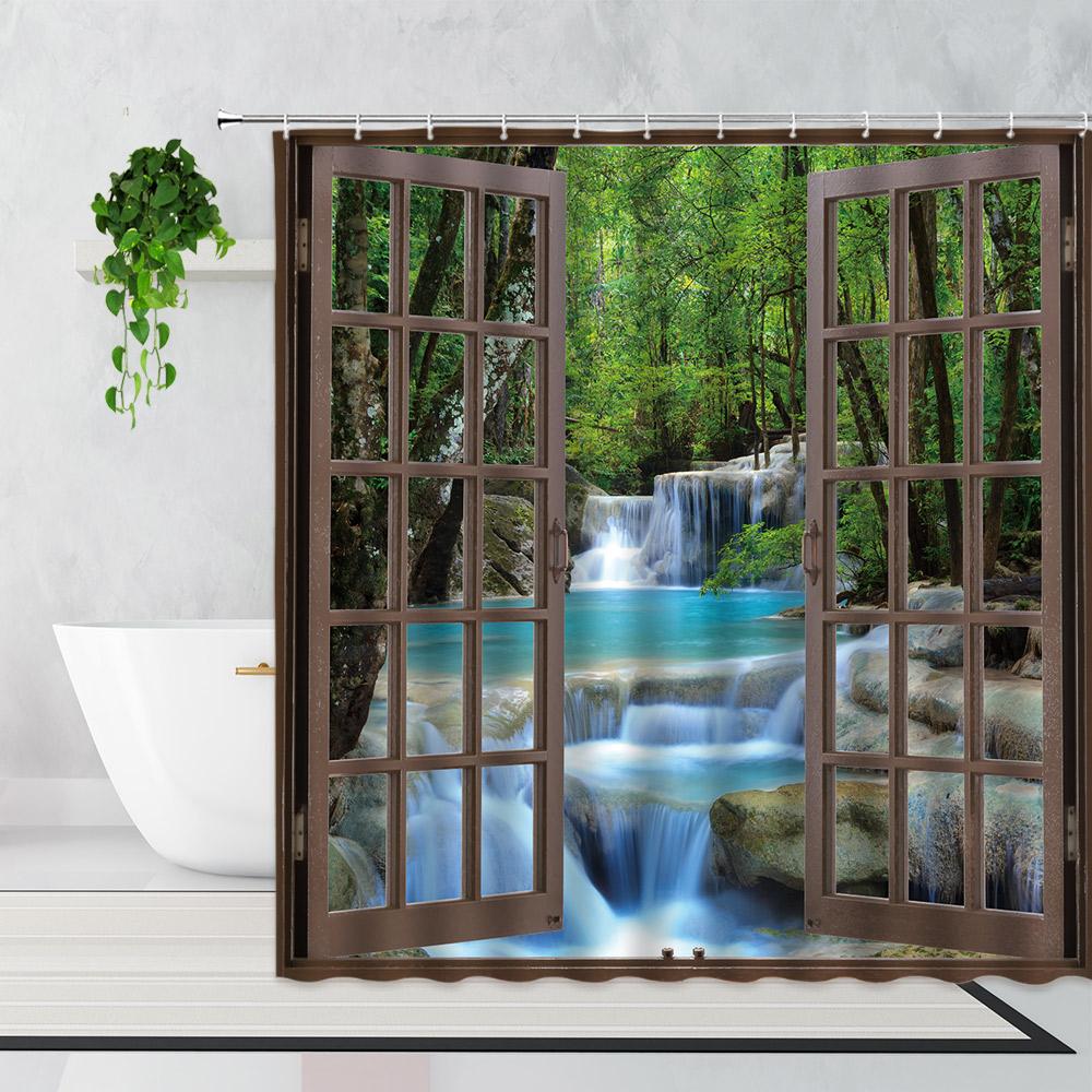 Zen Bamboo Forest Shower Curtain Summer Forest Jungle Waterfall Rock Nature Scenery Bath Curtains Set Green Landscape Bathroom