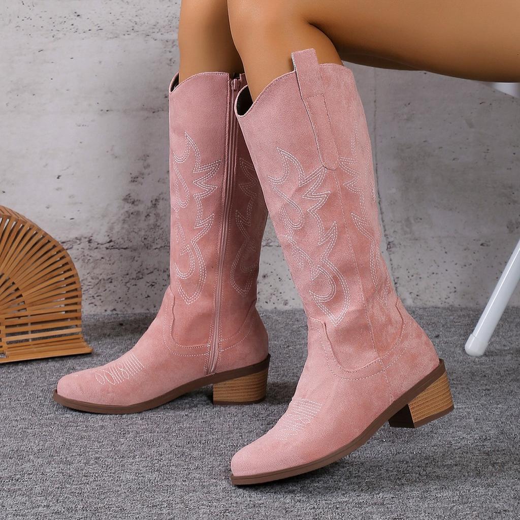 New Embroidered Western Cowboy Boots for Women Autumn Pointed Toe Thick Heel High Knee Boots Woman Loose Leather Long Boots