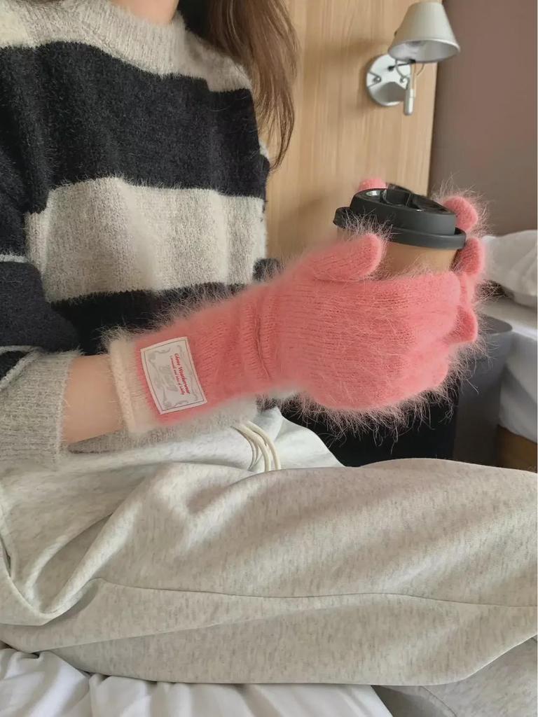 Women's Korean Style Colorblock Wool Long Gloves - Warm, Windproof, Five-Finger Design for Winter Cycling