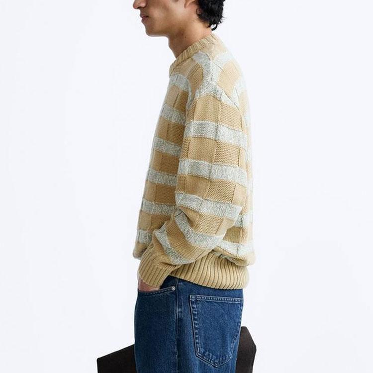 Zara Loose Comfortable Striped Round Neck Long Sleeve Knit Sweater Men Sweater Beige 6771402-450