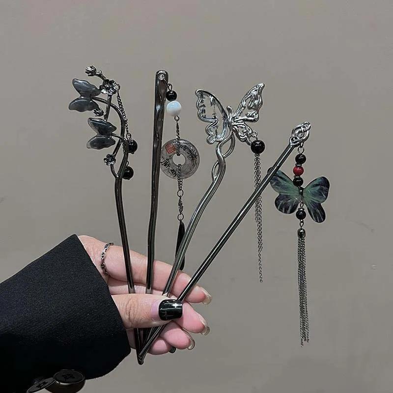 2025 New Chinese Style Butterfly Flower Tassel Hair Stick for Women Vintage Metal Hanfu Chopstick Hair Sticks Hair Accessories