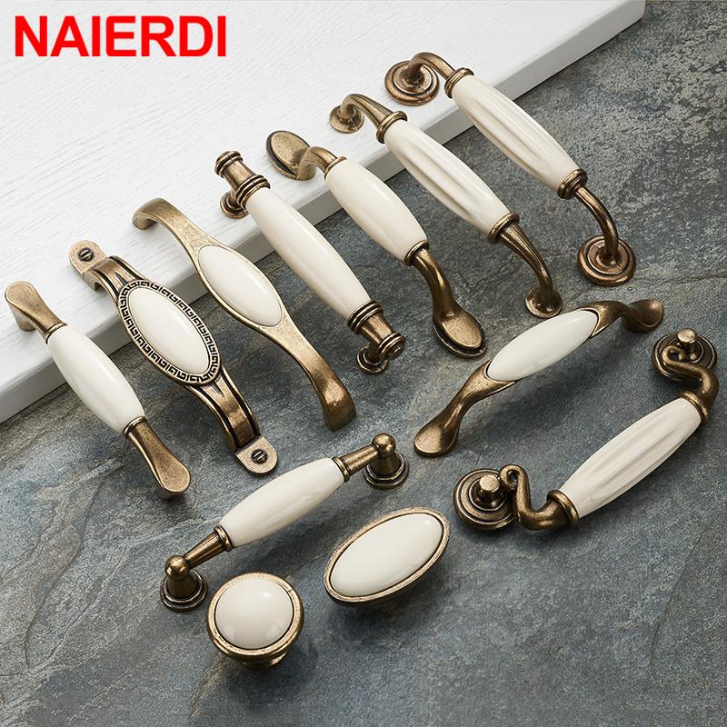 NAIERDI Zinc Alloy Antique Bronze Ceramic White Cabinet Handles Drawer knobs Wardrobe Door Handle European Furniture Hardware