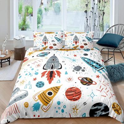 Комплект постельного белья «Ракета» King Size, комплект постельного белья «Космический корабль», микрофибра, космический корабль, звезды, планета, мультяшный стиль, пододеяльник
