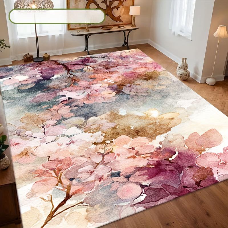 1pcs, Cherry Blossom Pattern Printing Flannel Carpet, Soft, Anti-slip, High-flow Area Floor Mat, for Living Room Bedroom Decor