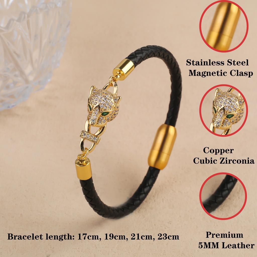 Bully Animal Style Leopard Head Braided Leather Rope Bracelet Fashion for Man Woman Stainless Steel Zirconia Zircon Daily Wear