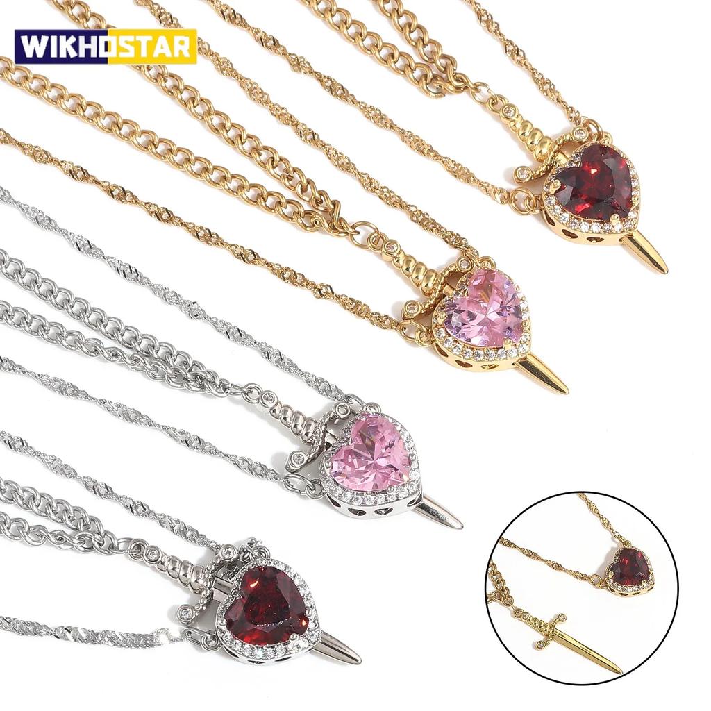 Can Be Assembled Heart and Sword Zircon Pendant Necklace for Women Men Couple Silver Gold Plated Choker Chain Jewelry
