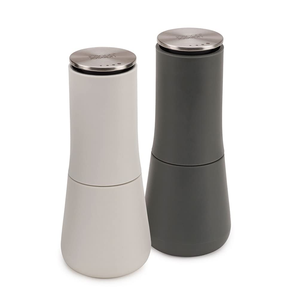 Joseph Joseph Salt and Pepper Mill Set with Mill Top, Manual Salt and Pepper Shakers (7 x 7 x 16.9 cm), White/Gray [Authentic] 95036