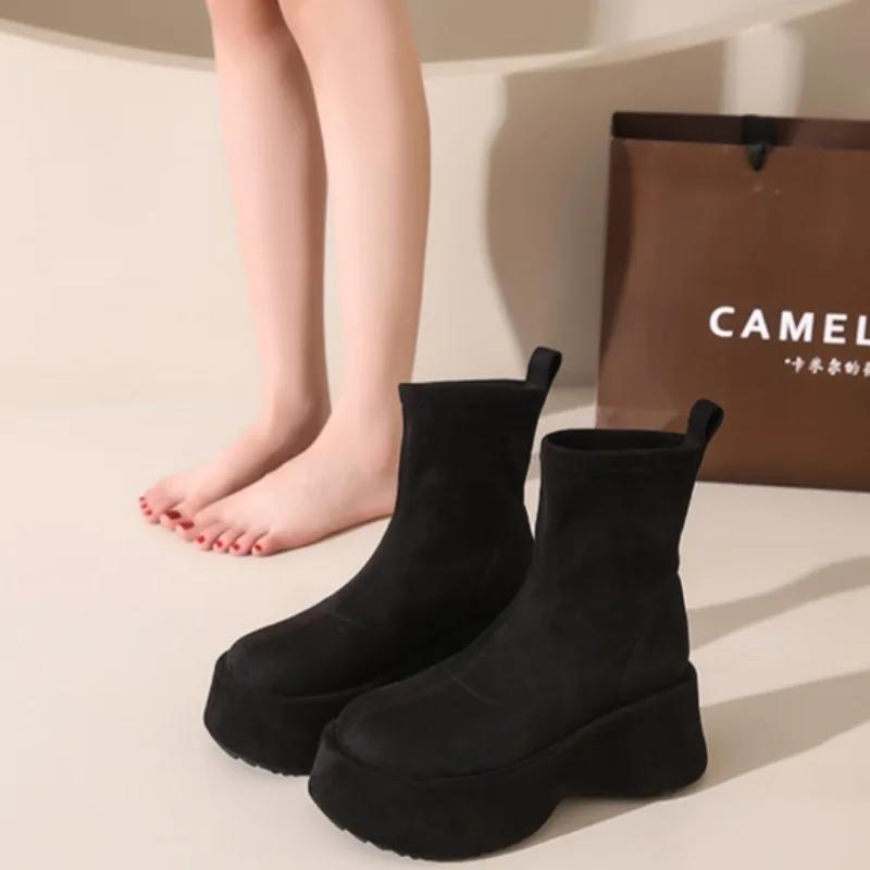 2024 New Women's Boots Luxury Suede Casual Ankle Boots Fashion Wedges Platform Boots for Women Comfort Elastic Boot Botas Mujer