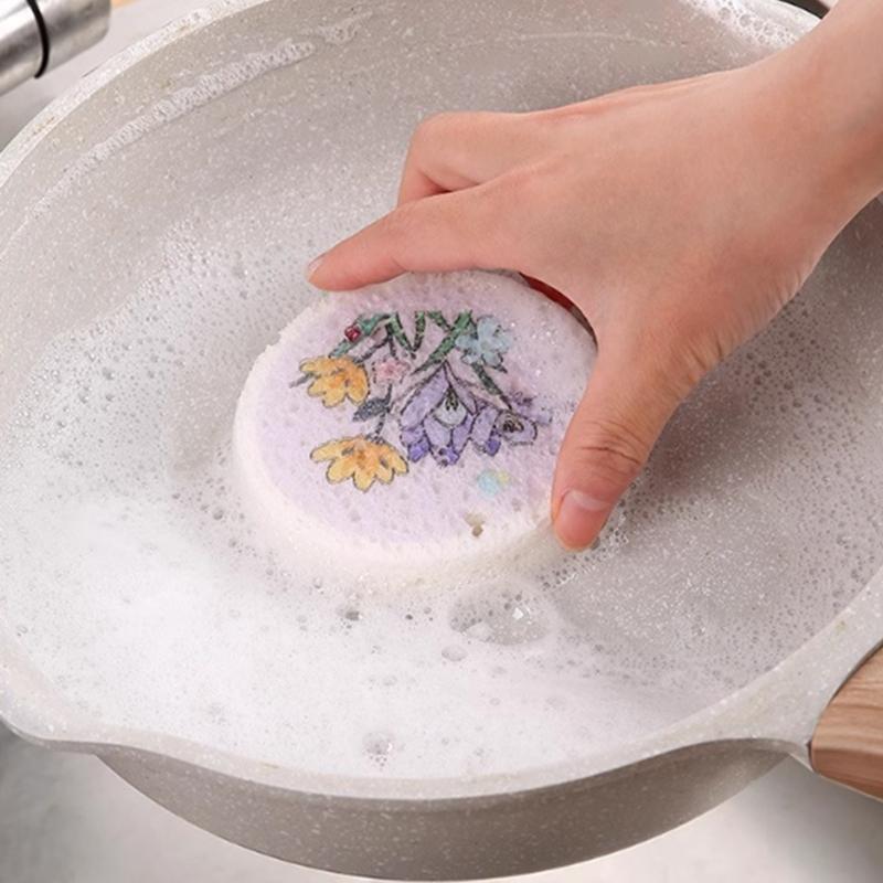 Сжатая древесная масса хлопковая тряпка кухонная чистка мытье посуды губка швабра круглая цветы принт губка толщина 1.85 см после замачивания
