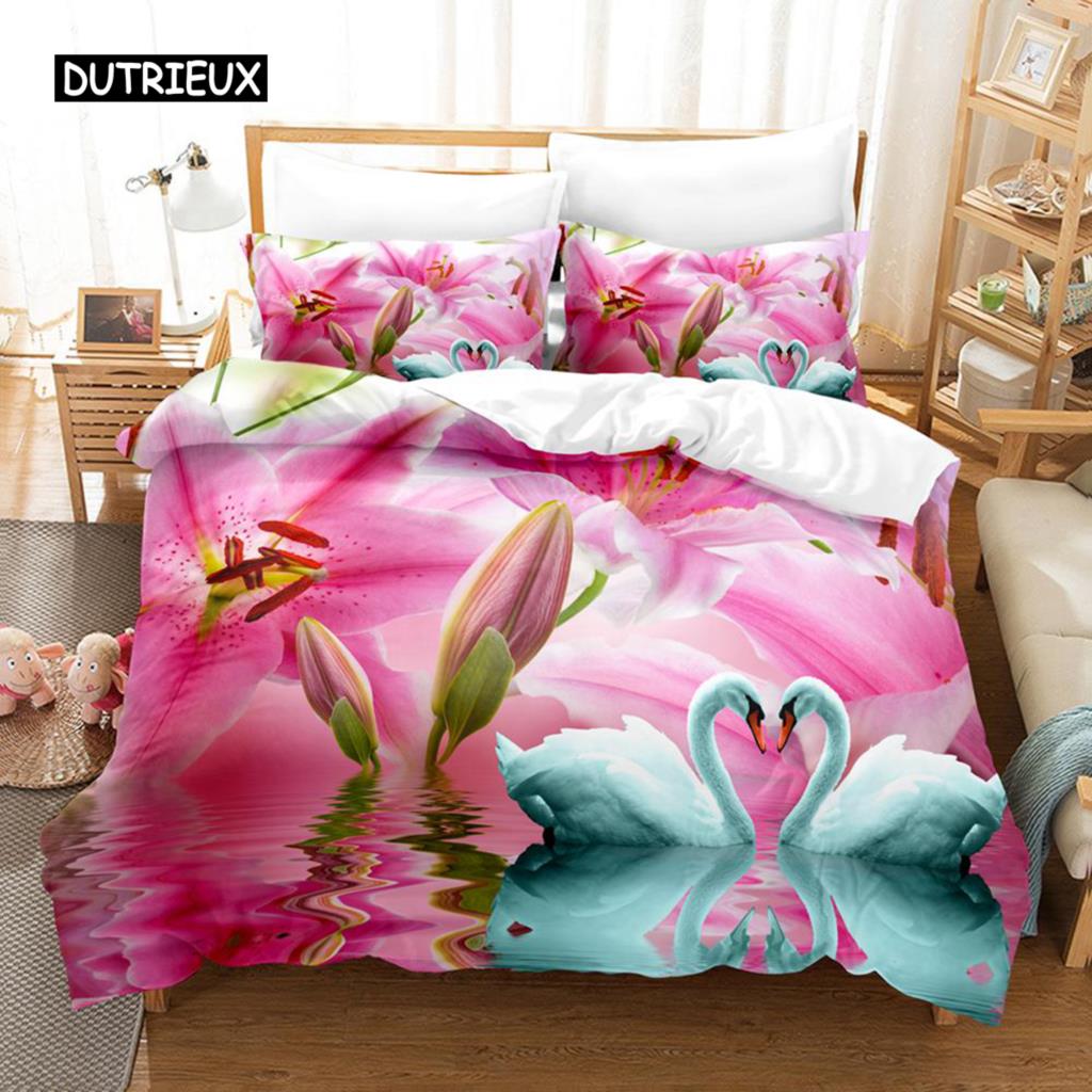 Пододеяльник с изображением лебедя, комплект постельного белья для близнецов, комплект постельного белья из микрофибры, размер Queen King, птицы, романтический стиль, пододеяльник с изображением диких животных для девочки и мальчика