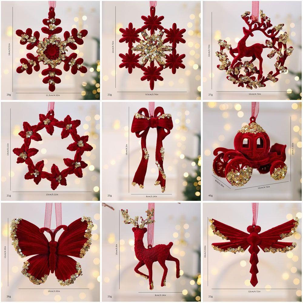 New Red Xmas Tree Ornament Bowknot Flocked Xmas Tree Charm Flower Wreath Hanging Christmas Tree Pendant Party Supplies