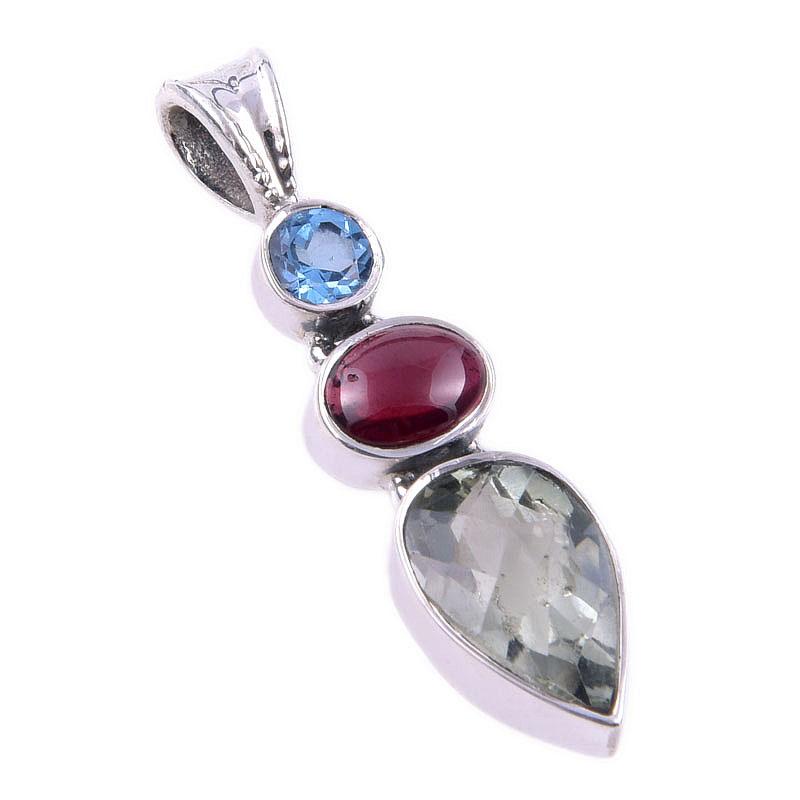 Natural Green Amethyst, Garnet 925 Solid Sterling Silver Pendant 1.50'' T4n26