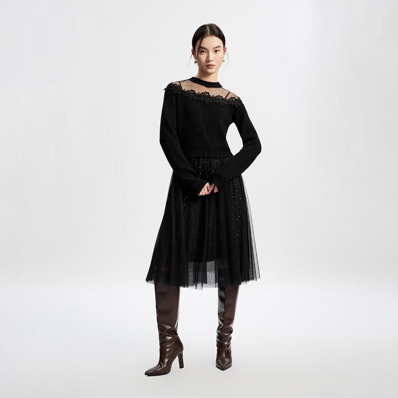 Veromoda Женское трикотажное платье-свитер с круглым вырезом и сетчатыми вставками