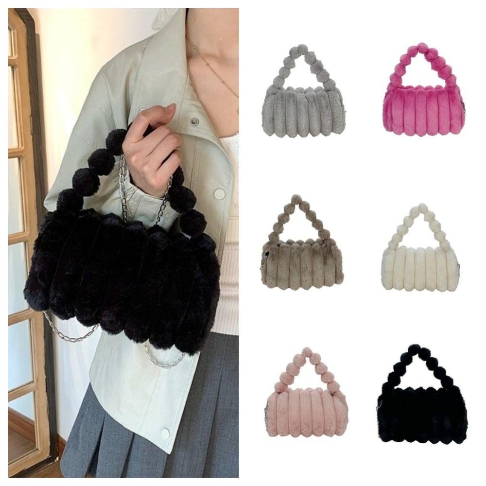 Casual Furry Handbag Zipper Large Capacity Crossbody Bag Stripe Soft Commuting Handbag Travel
