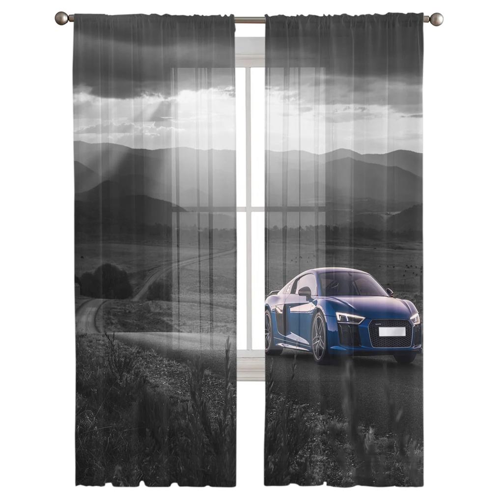 Синий гоночный автомобиль Вид Тюль Шторы для гостиной Печать Прозрачная вуаль Шторы для спальни Оконные экраны Шторы Жалюзи Домашний декор