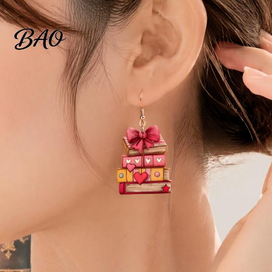Chic School Season Accessories 1 Pair Acrylic Book Earrings for Women, Vintage Stacking with Pink Retro Theme Bow And Heart, Funny Dangle Jewelry,