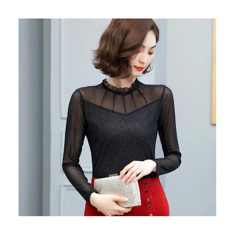 Женская кружевная рубашка с низом — черная сетка, облегающий крой, длинный рукав, воротник-стойка, осень/зима 2021 г.